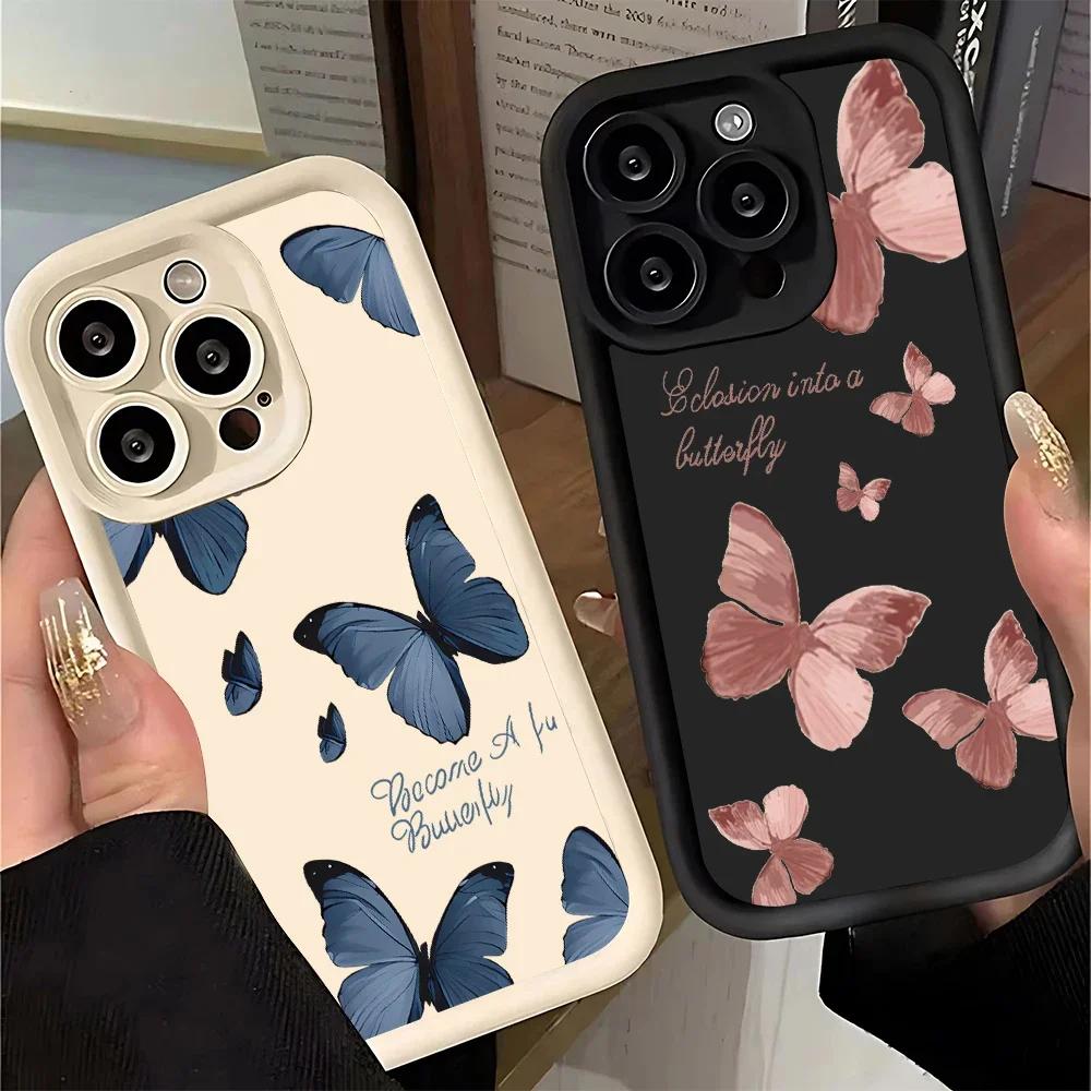 INS Retro Butterfly Phone Case For iPhone 16 11 12 13 14 15 Pro Max Plus XS Max X XR SE2 Shockproof Silicone Bumper Back Cover