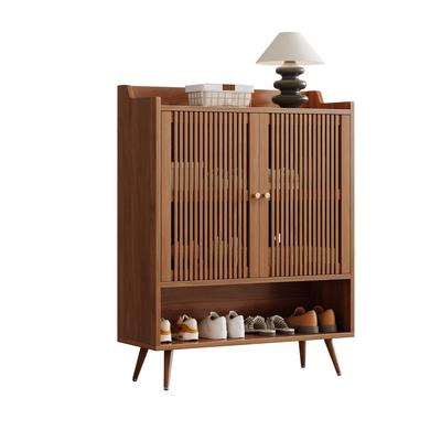 Shoe Cabinet with Vertical Groove Doors, Hallway Storage Cabinet with Open Compartment, Aluminum Handles, Conical Iron Feet