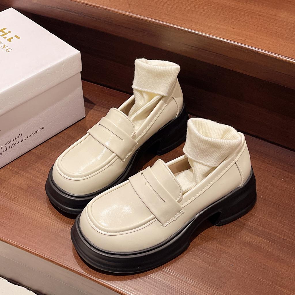 British style white round head college style one pedal platform small leather shoes women's 2025 spring and autumn new thick heel loafers