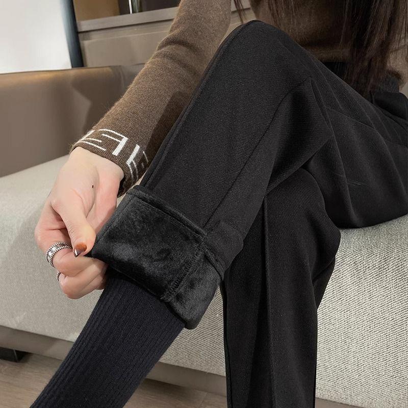 Woolen High-Waist Fleece-Lined Slimming Cigarette Pants, Autumn/Winter, Elastic Waist, Cropped Loose Fit