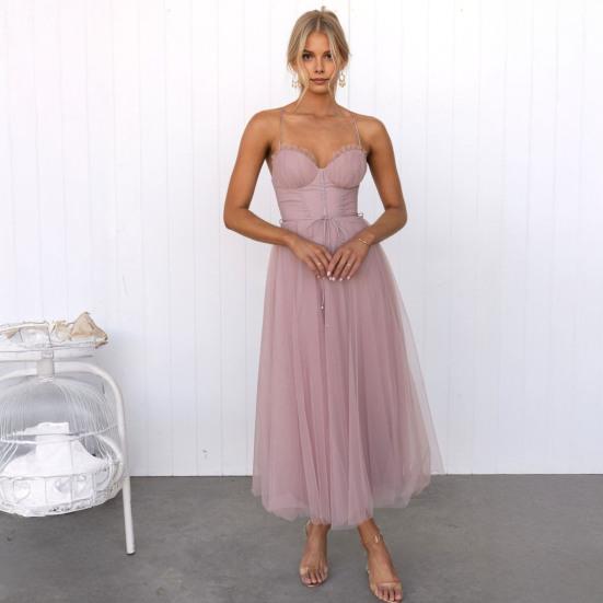 Women Mesh Swing Cocktail Dress Sleeveless Spaghetti Strap A Line Tulle Dress Formal Wedding Guest Dress