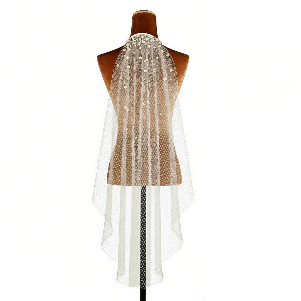 Pearls Crystal Decors Bridal Veils with Hair Comb Seethrough Sheer Single Layer Head Veils for Wedding Event Photography