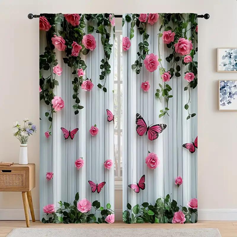 Elegant Butterfly And Pink Rose - Printed Curtains, Suitable For Bedroom And Living Room Home Decoration