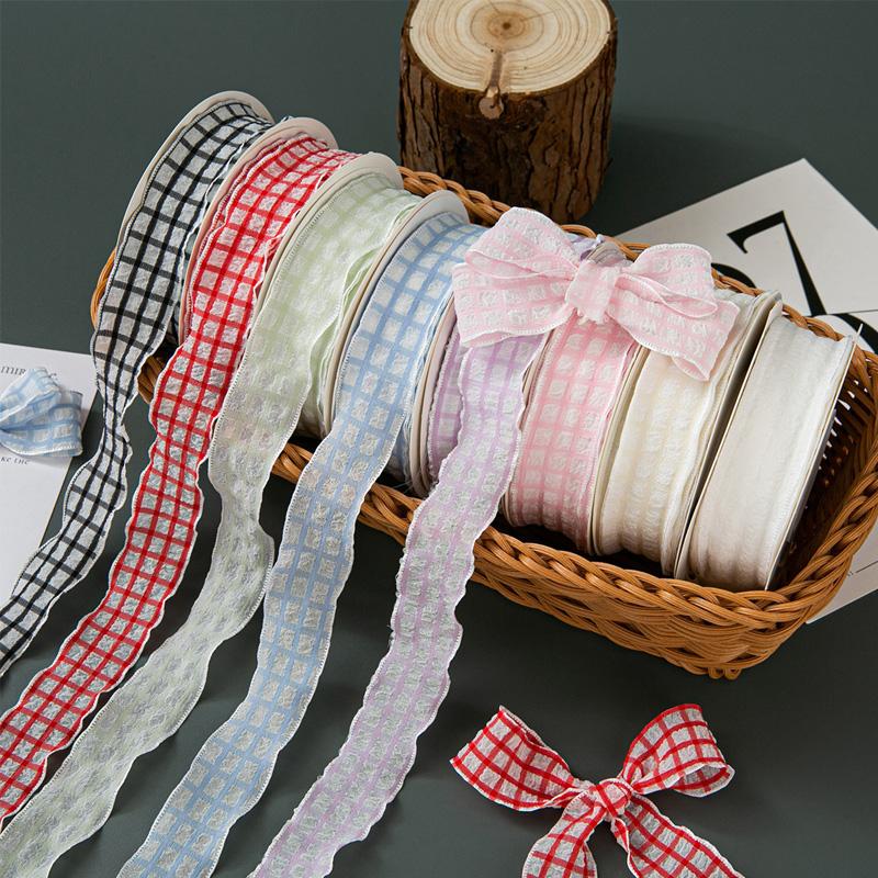 10yards Polyester For Dress Skirts Pleated Ribbon 2.5cm Gift Bow DIY Puff Wave Edge Colorful Cake Box Ribbon Plaid Satin Ribbons