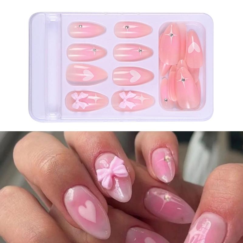 24 Stück Französischer Stil Aufdrücknagel Glänzender Acryl-Falschnagel mit 3D-Schleifendesigns Aufklebenagel für Frauen und Mädchen