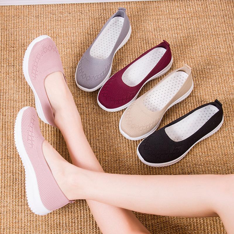 Flying woven mesh women's shoes summer middle-aged mother shoes comfortable and breathable one-pedal flat shoes women