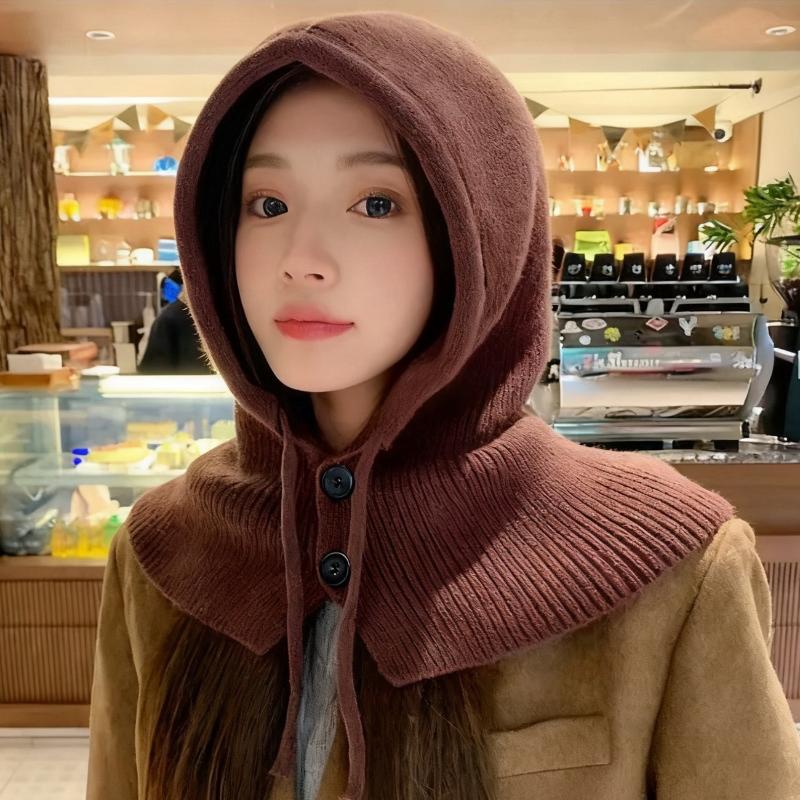 Winter Balaclava Hat Warm Knitted Women'S Hood Hat Solid Color One-Piece Neck Pullover Cap Outdoor Cashmere Caps