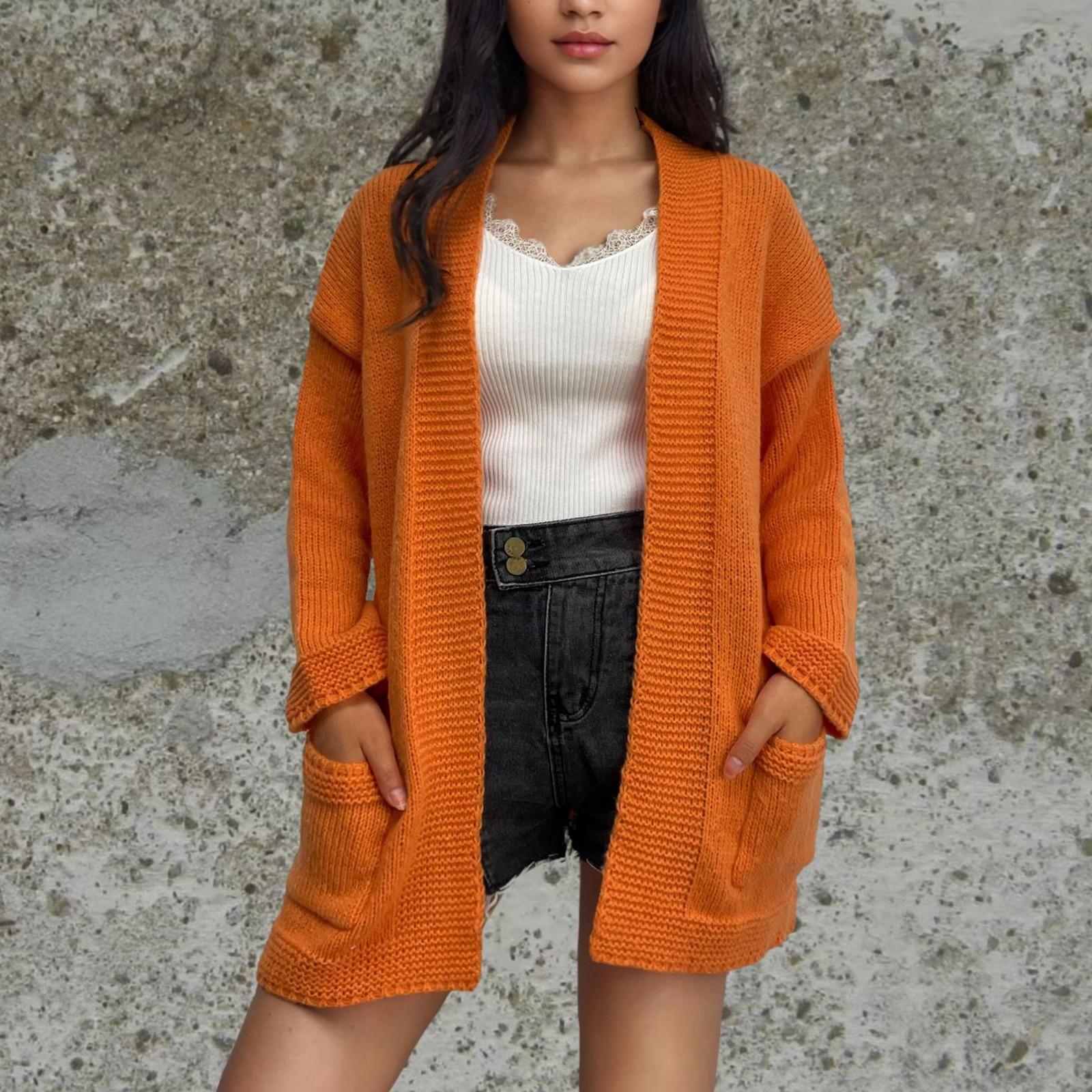 

Женская мода вязаный карманный кардиган свитер со свободным пальто M шафрановый