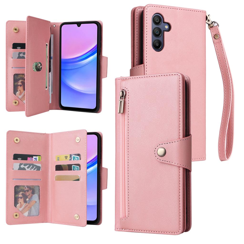 For Samsung Galaxy A17 5G/A17 4G/A26 5G Case Zipper Wallet Rivet Decor Leather Phone Cover with Wrist Strap