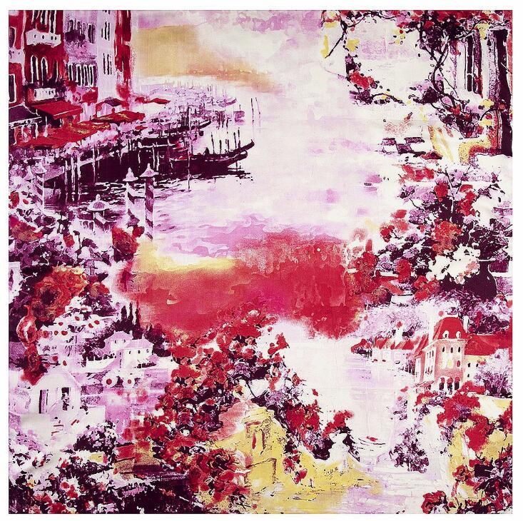 New Luxury Brand Silk Scarf Women Countryside House Oil Painting Print Hijab Scarves Female 130cm Square Shawl Scarves