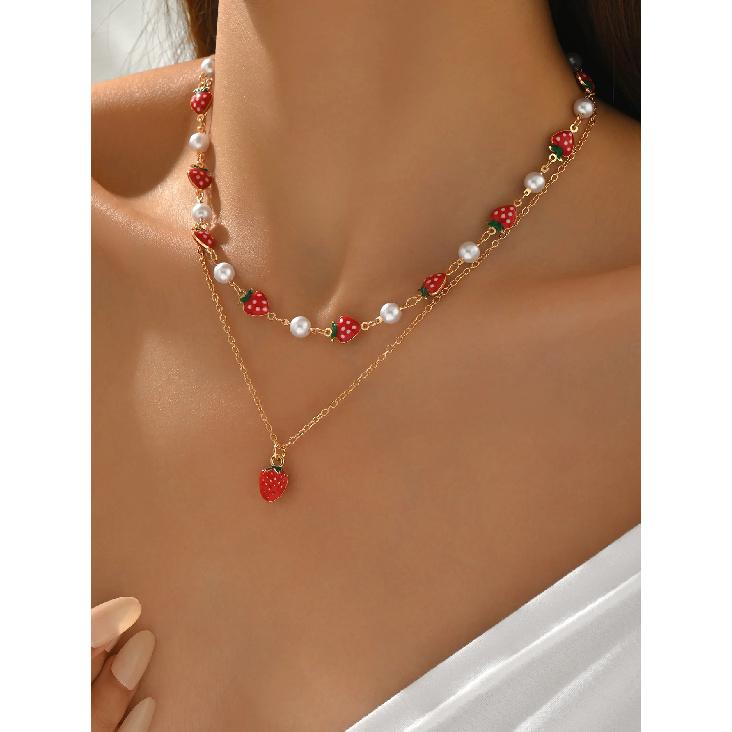 2Pcs Layered Strawberry Pearl Necklace Set for Women Cute Sweet Dainty Adjustable Summer Vacation Beach Jewelry Gift