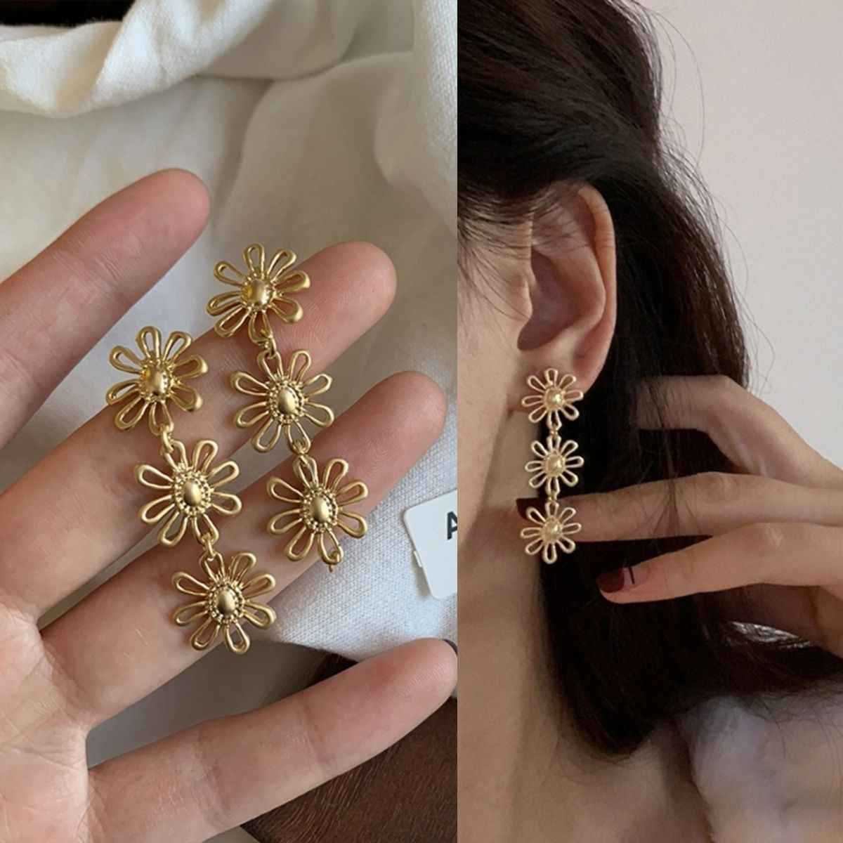 Premium retro flower earrings without pierced earrings, matte premium Hong Kong style stud earrings, long earrings are thin