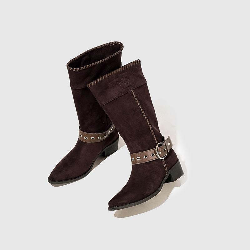 Pile boots women's summer new western cowboy boots retro medium tube knight boots suede pointed short boots