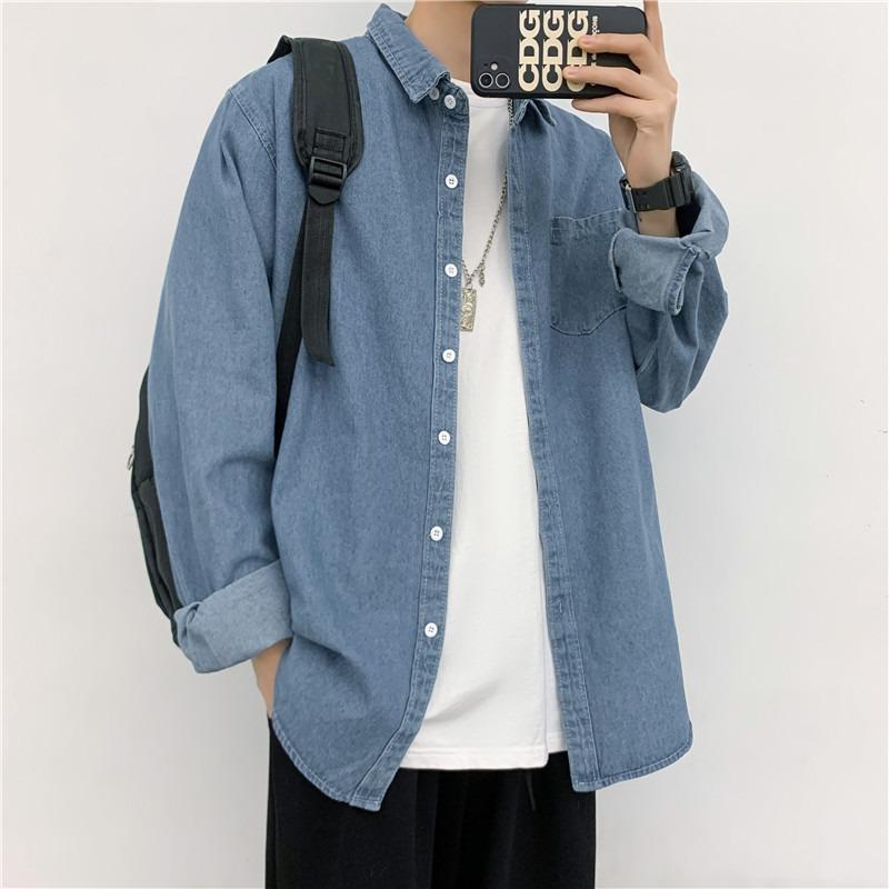 Camicia di Jeans a Maniche Lunghe da Uomo Harajuku - Casual Stile Hong Kong Vestibilità Ampia per Primavera e Autunno.