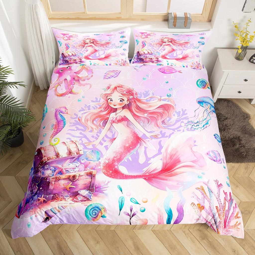 Mermaid Soft Duvet Cover Pink Teal Purple Scale Comfortable Quilt Cover Mermaid Beding Set Warm plus Comfortable Rainbow Beding Set for Young Girls
