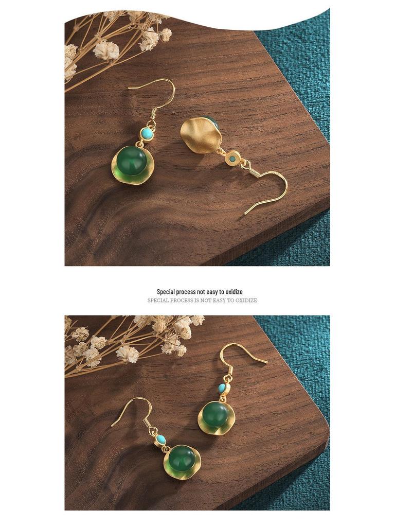 2021 New Chinese Style Gold Plated Chalcedony Agate Dangle Earrings for Women