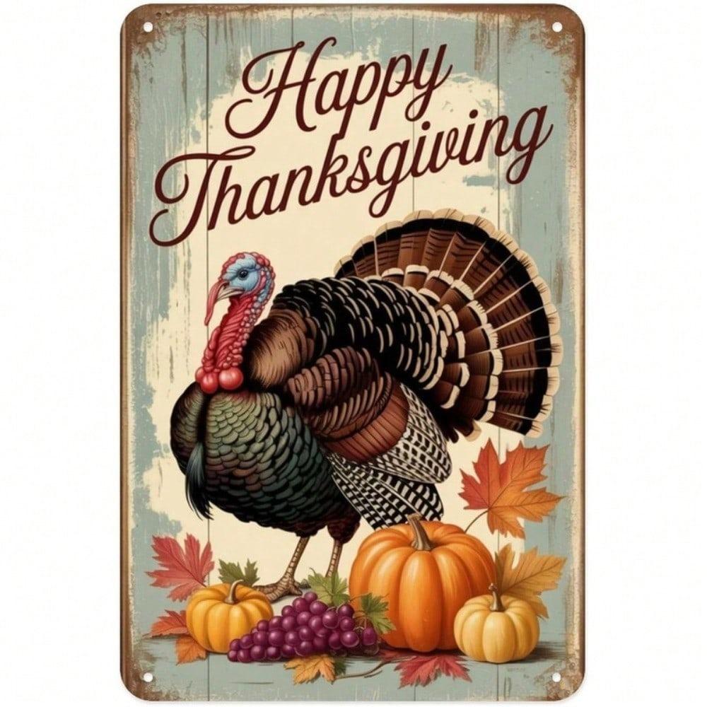 2D Flat Happy Thanksgiving Metal Sign, Rustic Vintage Turkey Pumpkin Wall Plaque, Farmhouse Holiday Home Decor