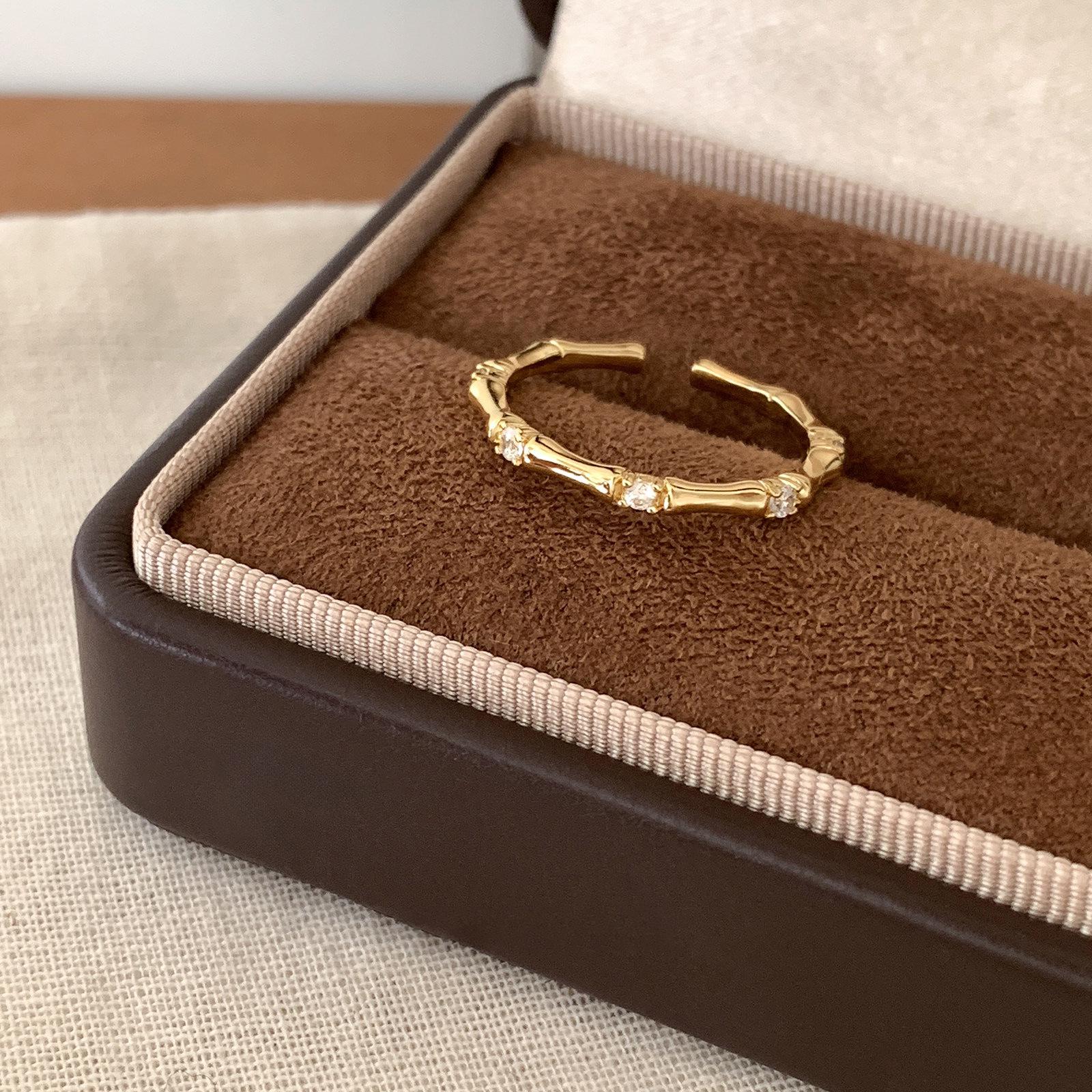 S925 Sterling Silver Bamboo Zircon Ring: Adjustable, Elegant & Fashionable Design for Women Open Adjustable
