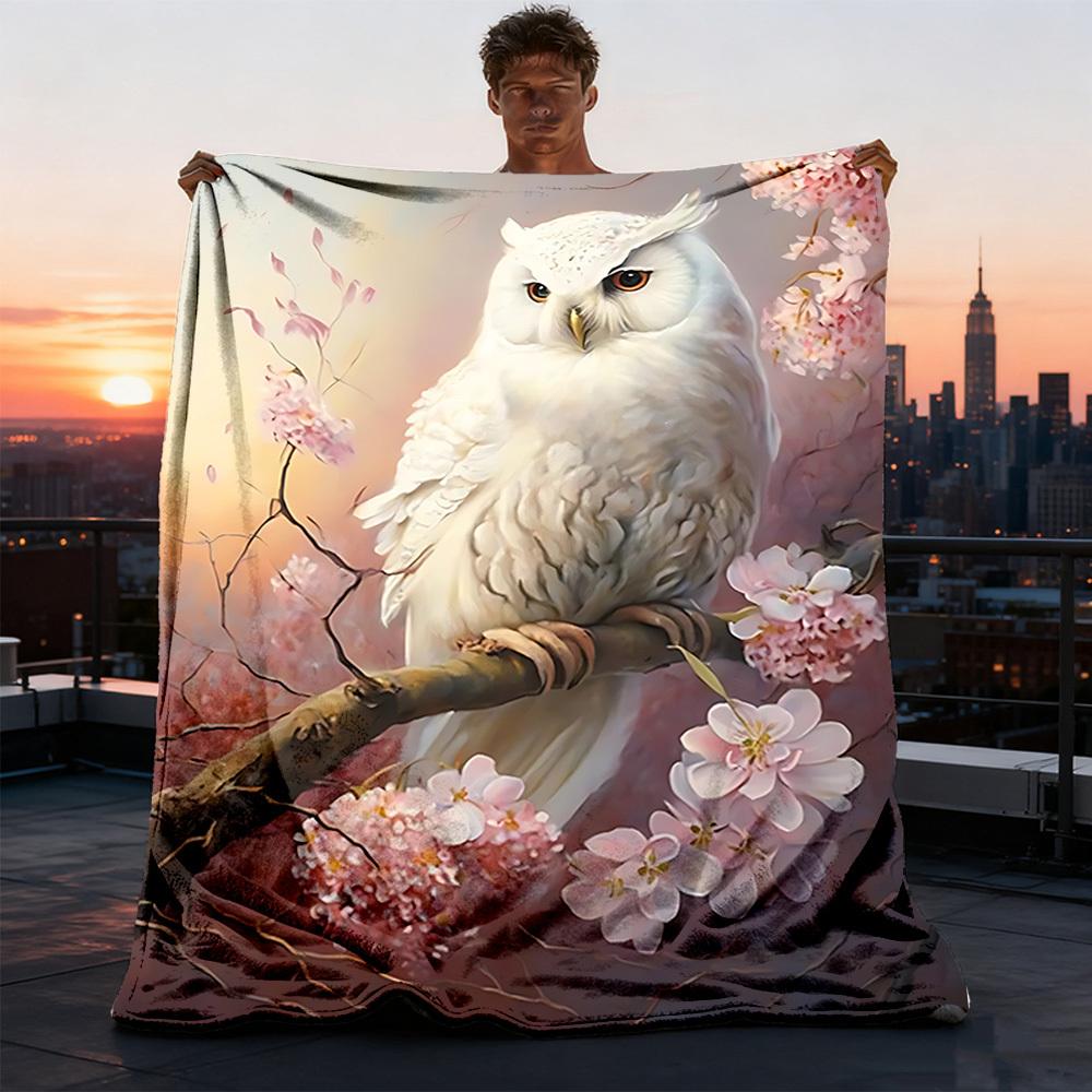1pc Cherry Blossom Owl Outdoor Blanket - Lightweight Flannel Throw For Travel, Camping, Livingroom, Couch, Chair yy251114196