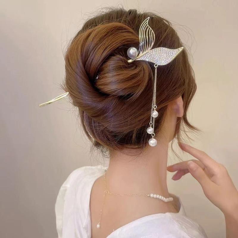 New Chinese Style Mermaid Hair Sticks Ancient Metal Rhinestone Pearl Long Tassel Hairpin Women Luxury Elegent Hair Accessories