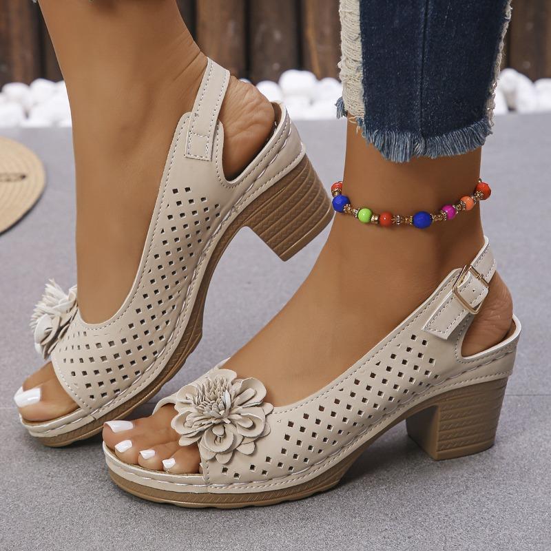 Large size high-heeled sandals women's summer independent station new hollow flower fish mouth one-word buckle with Velcro sandals
