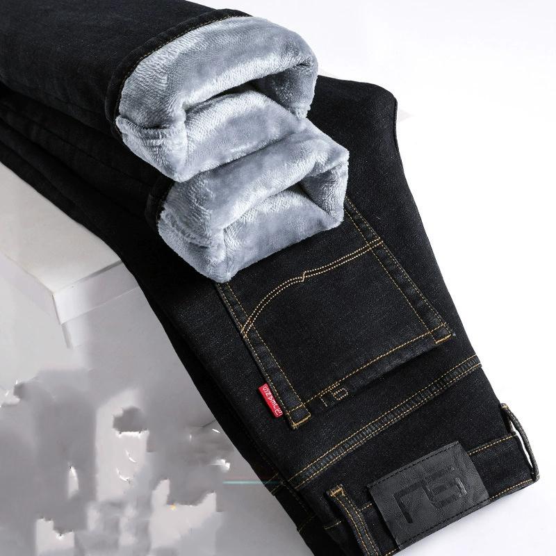 Winter Fleece Thick Warm Jeans Classic Brand Business Casual Men's Fitted Straight Stretch Mid-high Waist Denim Jeans