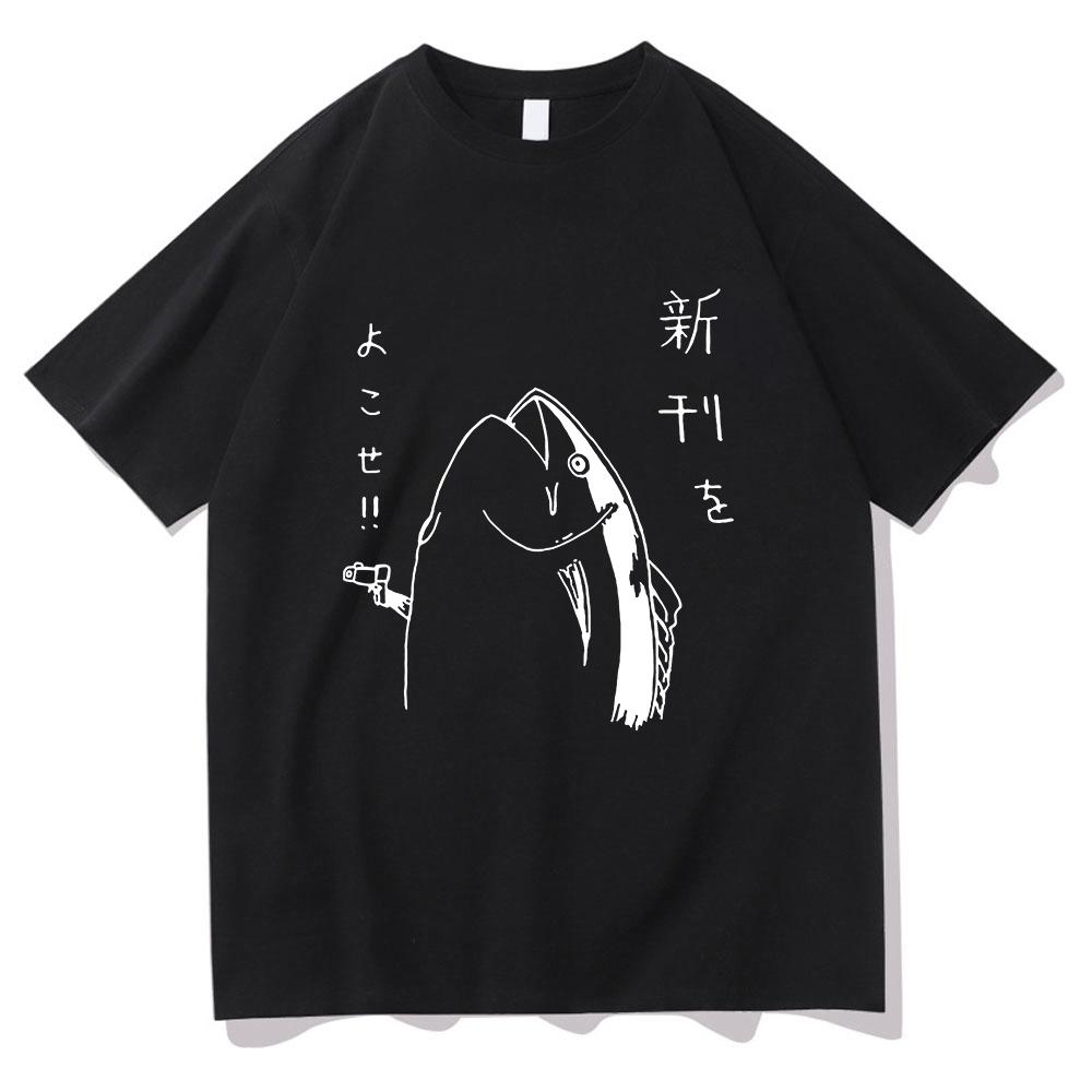 Harajuku Style Lovely Autumn All-purpose Top Fun Japanese Fish and Gun Design T-shirt Couples Unisex Cotton Design T-shirt