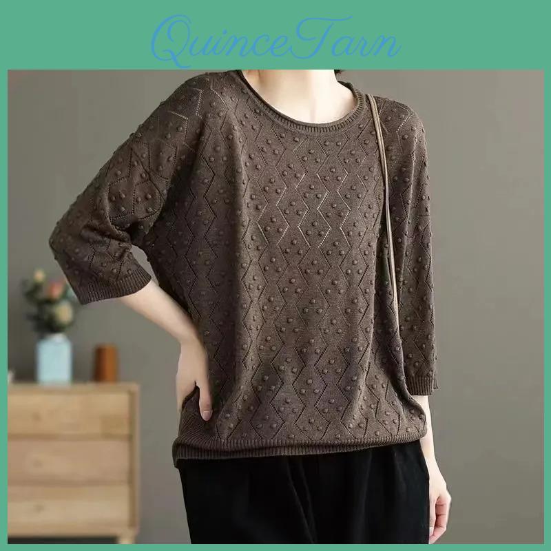 Spring Size Autumn And Plus Summer Knitted Sunscreen Shirt Tshirt Womens Literary Retro Midsleeved Woolen Top