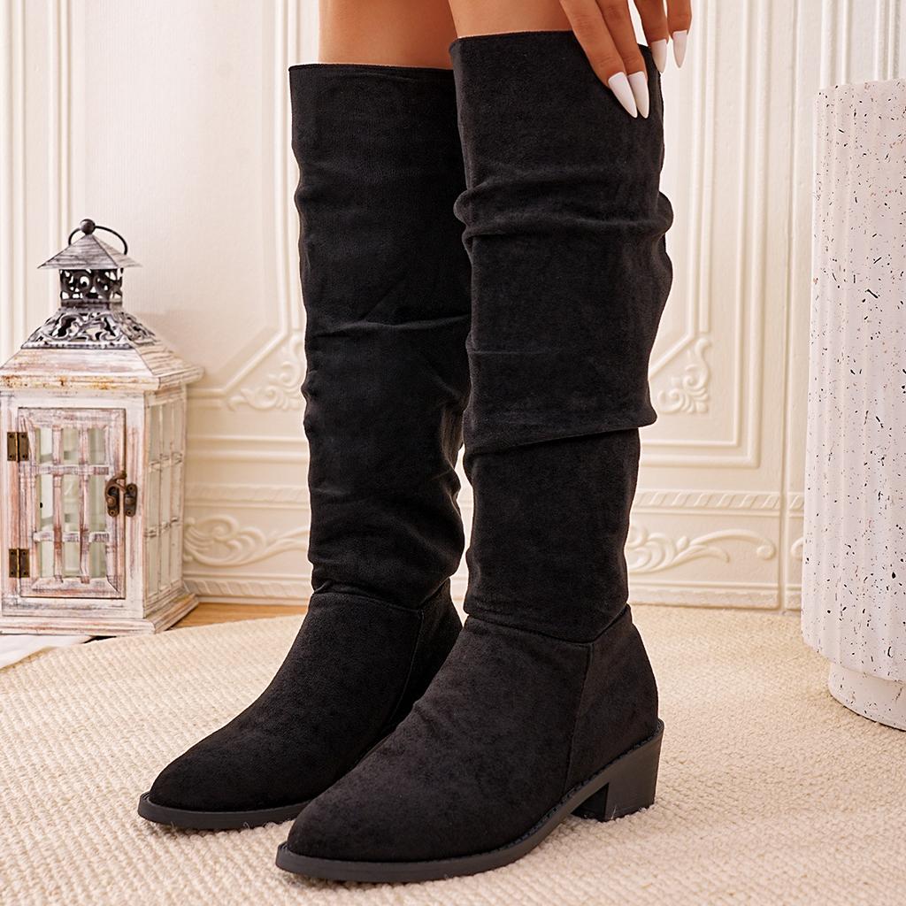 Autumn and Winter High Over Knee Boots Low Coarse Heel Round Head Skinny Black and Red Leopard Scrub Knight Boots