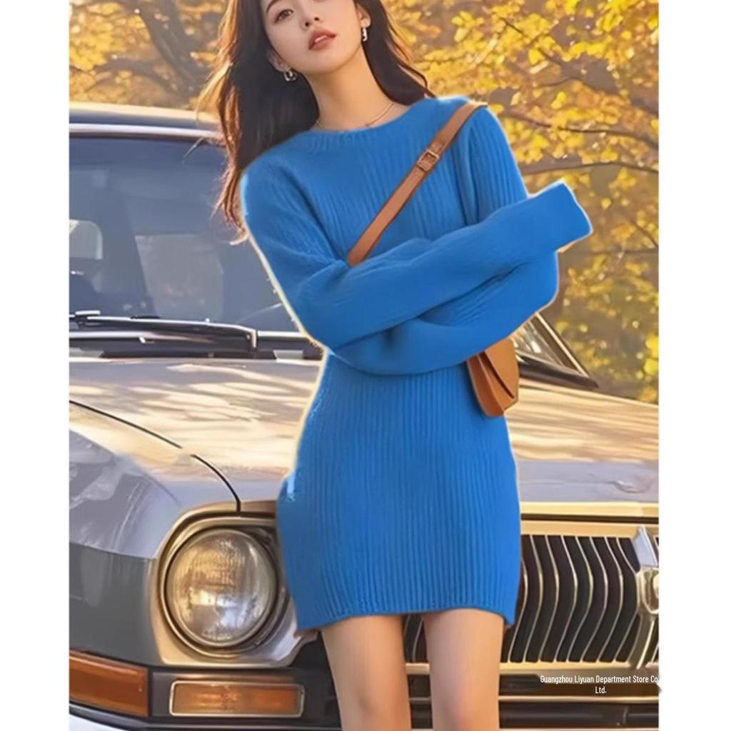 Elegant Mid-Length Knitted Wool Dress: Slim-Fitting, Figure-Flattering, Perfect for Autumn & Winter