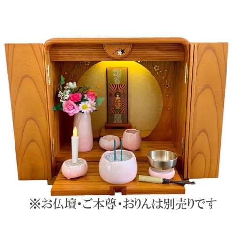 Karen Japanese Ceramic Buddhist Altar Accessories, Yawaragi Sakura, 5-Piece Set with Timer-Operated LEDs, Flickering LED Candles, LED Incense, Buddhis
