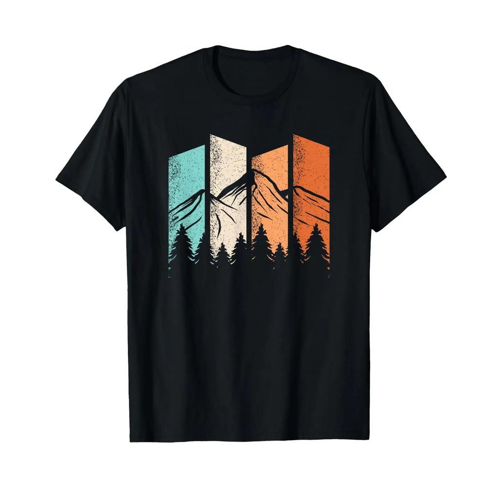 Retro Mountain Hiking Landscape Nature Outdoor Mountaineering T Shirt Black Vintage Washed Slightly Homme Comfortable Soft