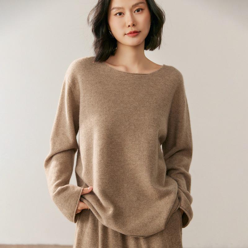 Lekasha Women's Cashmere Rolled Hem Sweater - Autumn/Winter, Twelve-Needle, Round Neck, Widened Sleeves, Loose Fit, Warm Base Layer