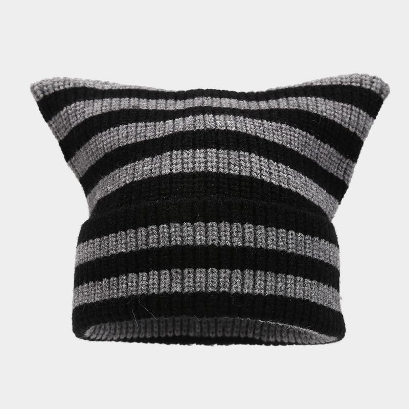 Black and White Striped Cat Ear Hat Thermal Pullover Hat Knitted Hat Fashionable Versatile Cold Hat