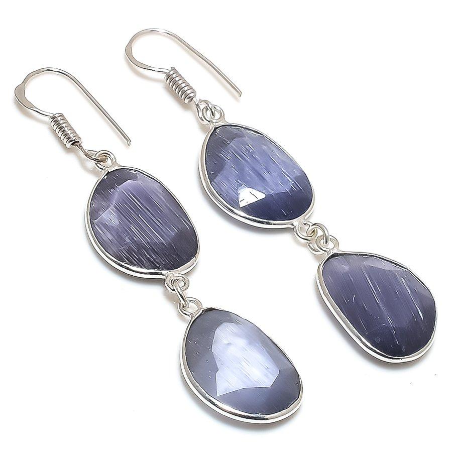 Blue Monalisa Gemstone Handmade 925 Sterling Silver Jewelry Earring 2.44" GK-6410