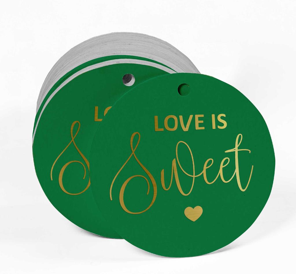 Inkdotpot 100 - Confezione da 100 etichette in carta stagnola color oro vero Love Is Sweet bomboniera da appendere