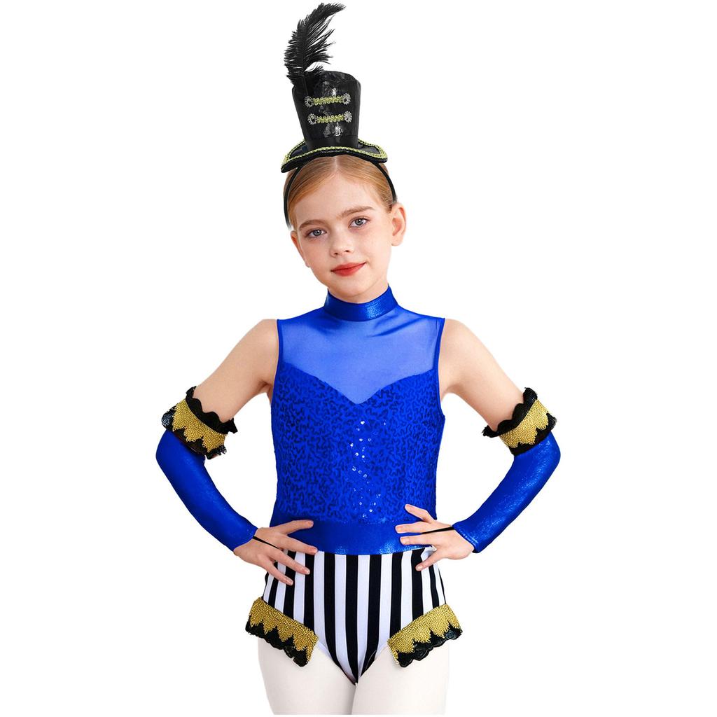 Girls Circus Costume Set Sequins Mock Neck Sleeveless Jumpsuit Press Buttons Metallic Oversleeve Top Hat