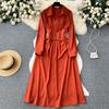 Vintage Spring Autumn Women Dress French Turn-down Collar Full Sleeve Solid Color A-line Female Long Shirt Dresses