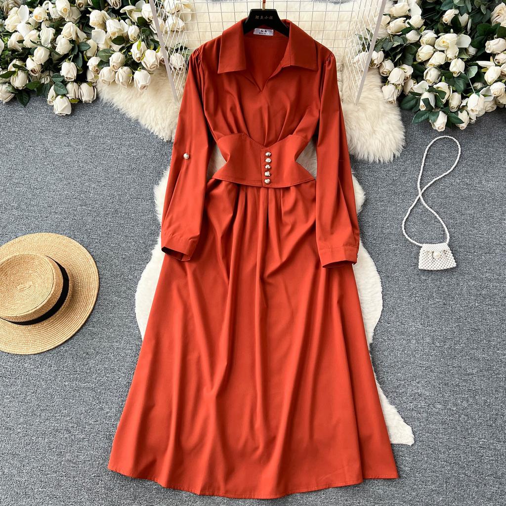 Vintage Spring Autumn Women Dress French Turn-down Collar Full Sleeve Solid Color A-line Female Long Shirt Dresses
