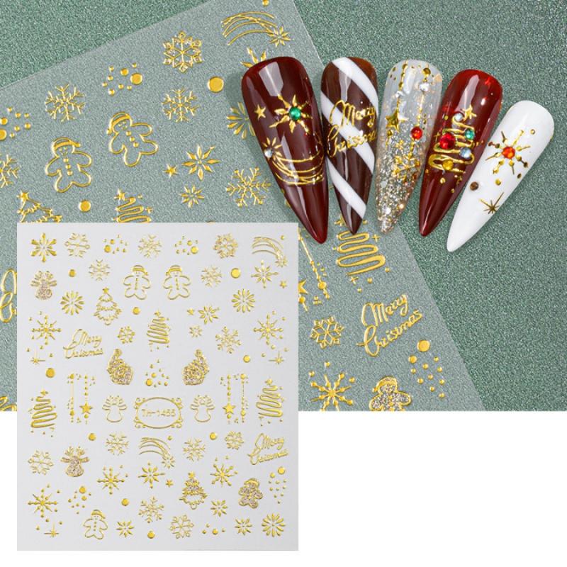 1Pcchristmas Nail Stickers Gold Foil Embossed Christmas Tree Gingerbread Man Reindeer Star Wearable Nail Stickers Phone Laptop D