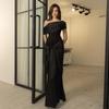 Single Shoulder Mesh Yarn Streamer Dress Dress Ins European and American Style New Temperament Slim Black Long Dress Women