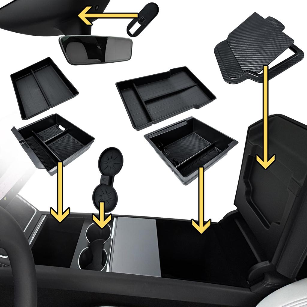 CHIYLE Center Console Storage Organizer for Tesla Model 3 Hidden Armrest Drawer with Cup Model 3 Highland Accessories 7-Piece 2024-2026 Highland,