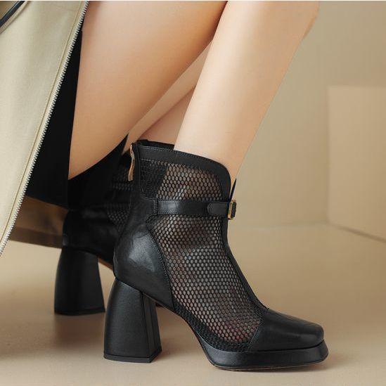 Brown Thick High-heeled Square-headed Short Boots 2025 New Summer Versatile Martin Boots Thick-soled Small Women's Net Boots