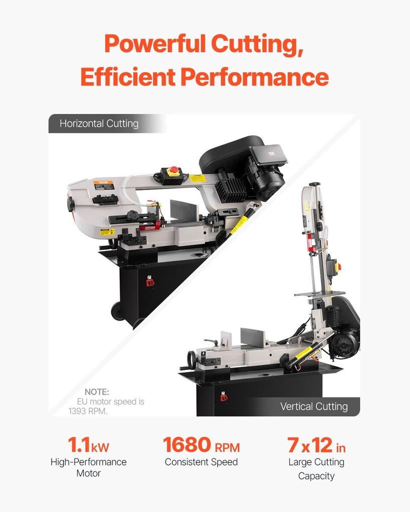 Metal Horizontal Band Saw 1.1 KW, 7 X 12 In Cutting Capacity 4 Speeds Variable Speed Bandsaw 220V Horizontal & Vertical Cutting for Multiple Metal