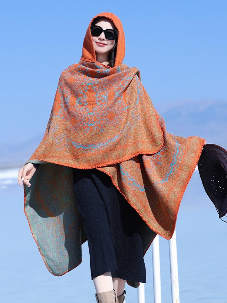 Winter Women Scarf Layers Poncho Hooded Elegant Lady Retro Boho Print Wraps Shawl Casual Scarve Capa Para Mujer Pashmina Cloak