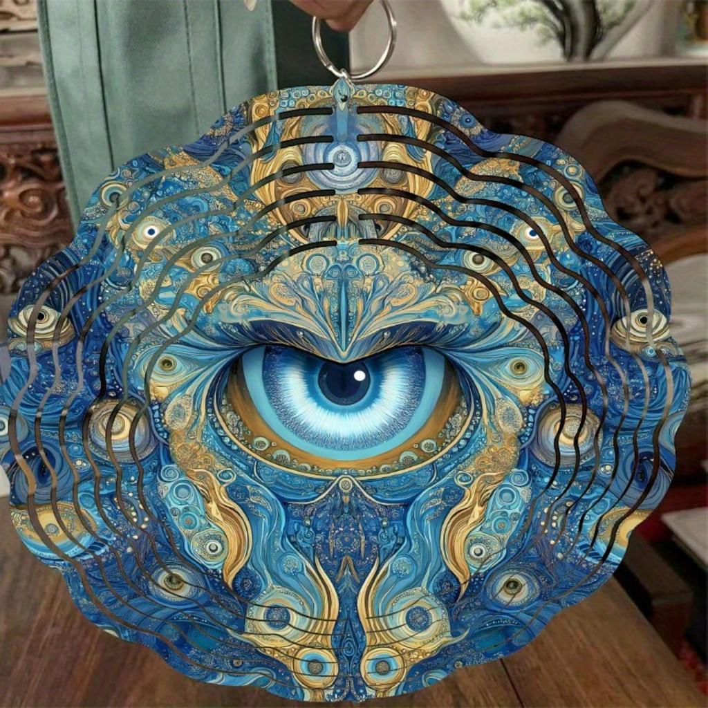 Eye Themed Metal Wind Spinner Outdoor Garden Decor Blue and Golden Circular Design Indoor Hanging Ornament No Power Needed for All Seasons
