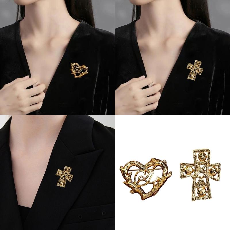 Chic Crosses Heart Design Brooch Sturdy Gold Tone Copper Alloy Accessory For Coat Dress Scarf Decoration