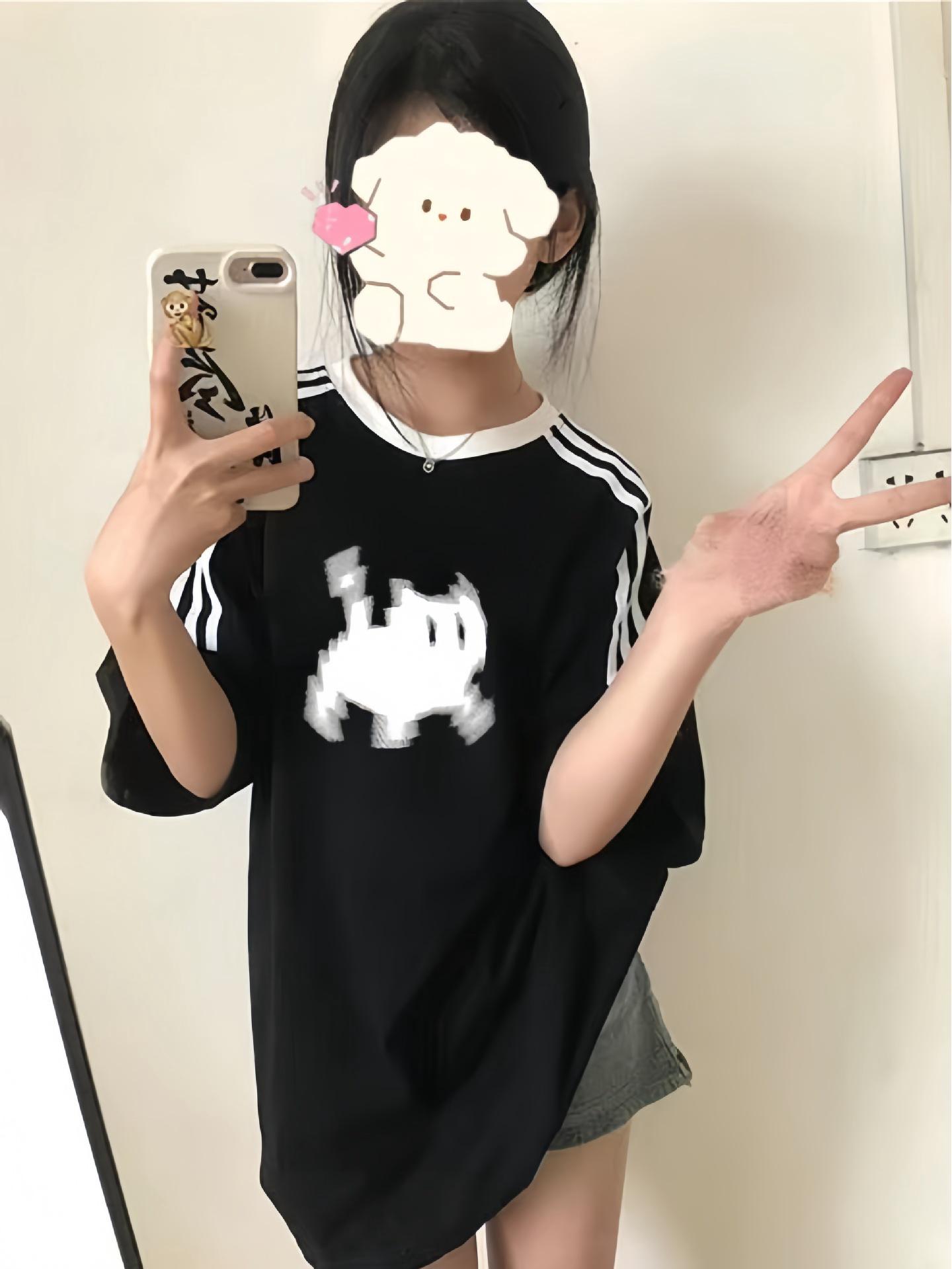 

Футболка реглан с коротким рукавом серого цвета в американском стиле с тремя полосками для девочек, лето 2025 L чёрный