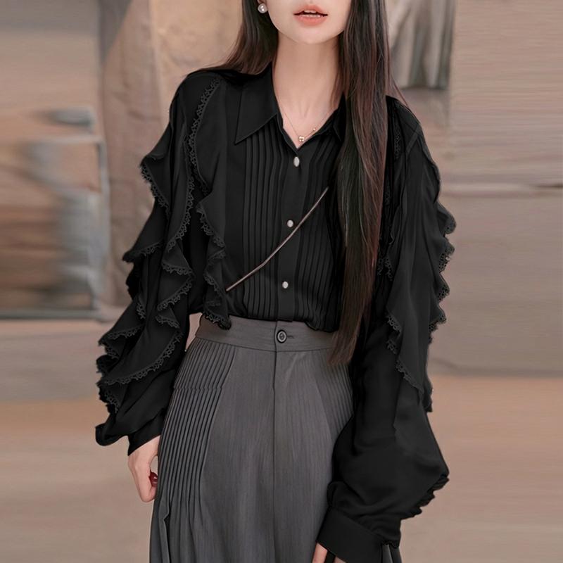 ZANZEA Women Casual Turn Down Collar Loose Ruffles Long Sleeve Blouse