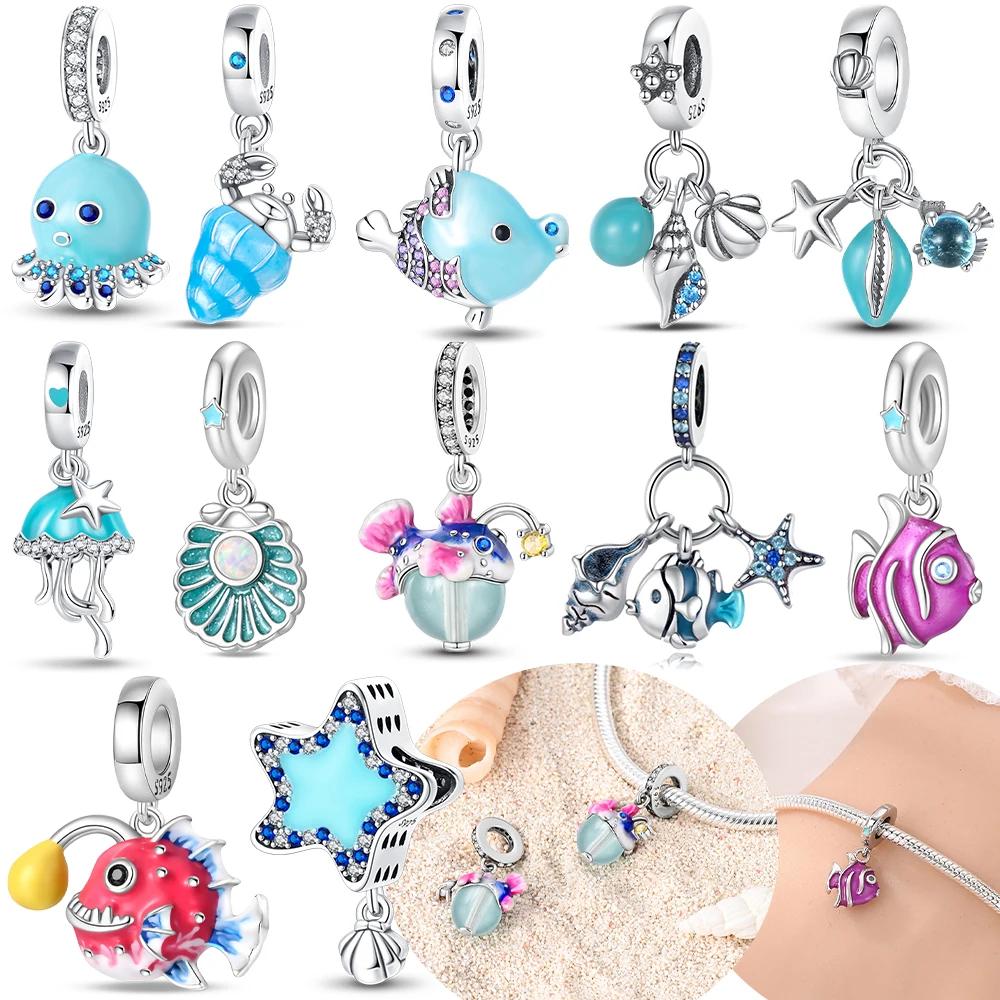 Original Copper Blue Marine Animals Anglerfish Octopus Shellfish Starfish Beads Fit Bracelet Diy Fine Gift Accessory Jewelry